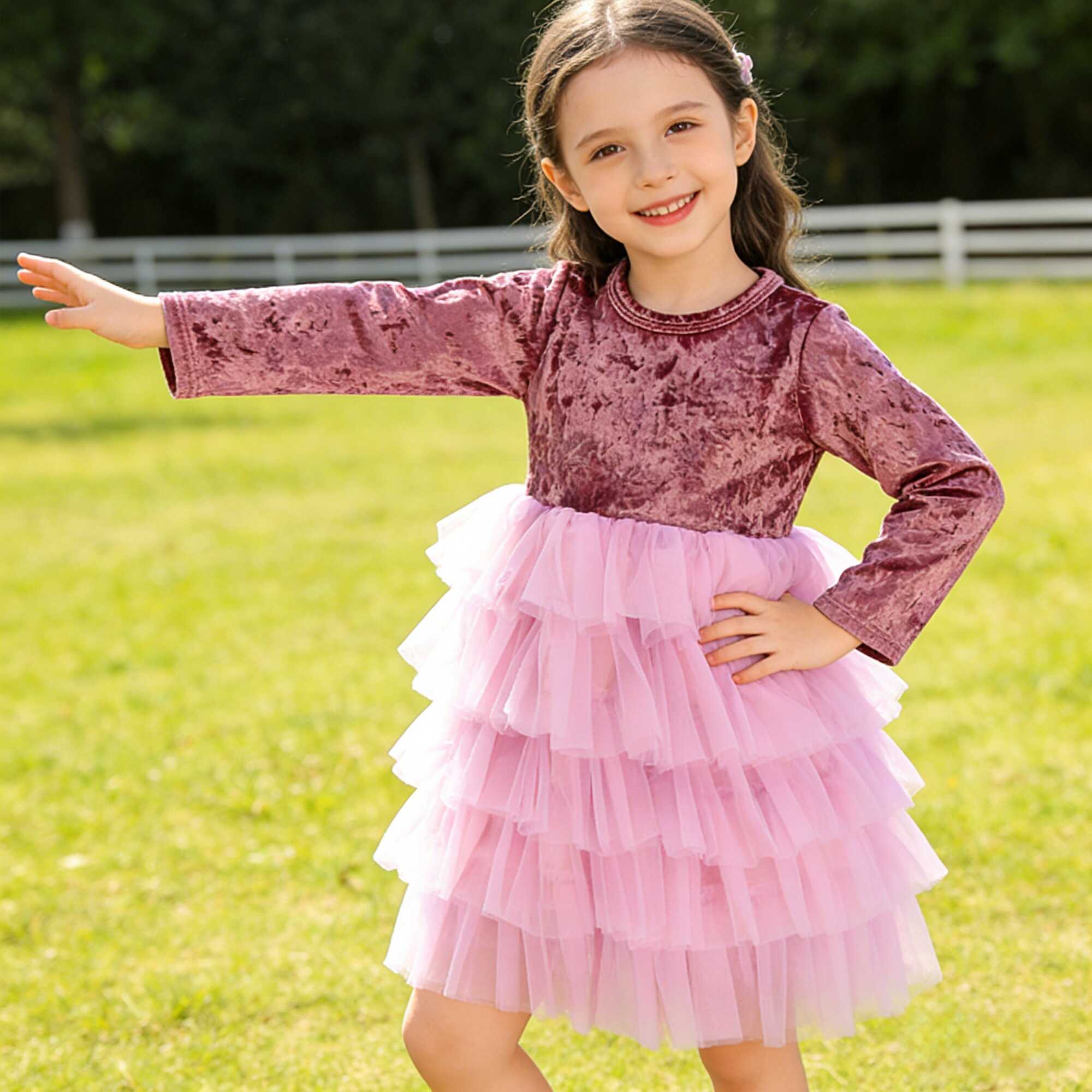 2026 Hot Sale Custom Girls' Velvet Tutu Dress Long Sleeve Layered Tulle Party Dress for Baby Girl