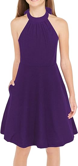 Hot Selling ODM Children's Solid Halter Neck Bow Summer Casual Knee-Length A-line Sundress with Pockets for 4-12 Years