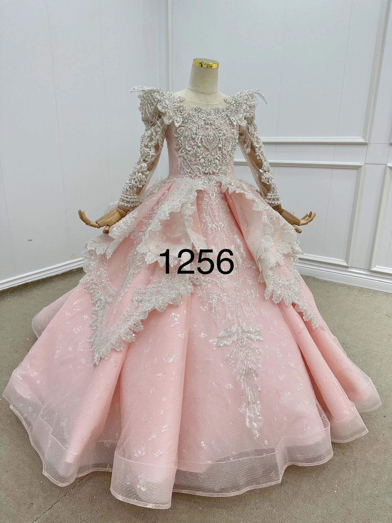 QUEENS Gown Latest pink Child Party Dress Heavy Beaded Crystal Pearl Wedding Flower Girl Dresses With Long Sleeve