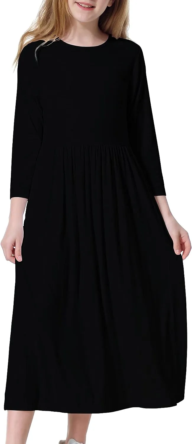 Girls Long Maxi Dress Kids Long Sleeve Swing Casual Dresses with Pockets