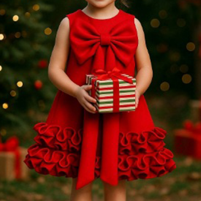 Elegant Heavy Industry Dress Girls with Bowknot for Party, Birthday, Performance, Solid Pattern, Children's Floral Decoration,