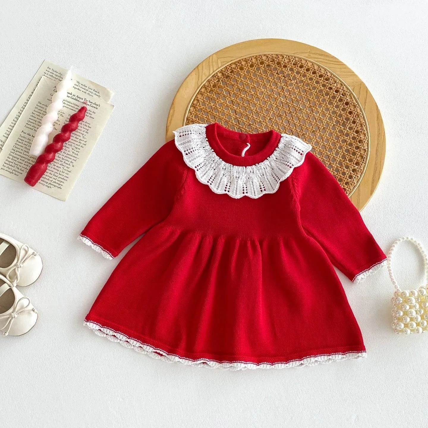 Baby Knitted Spring Girl Sweater Red Clothes Kids Doll Neck Long Sleeve Knitwear Dress