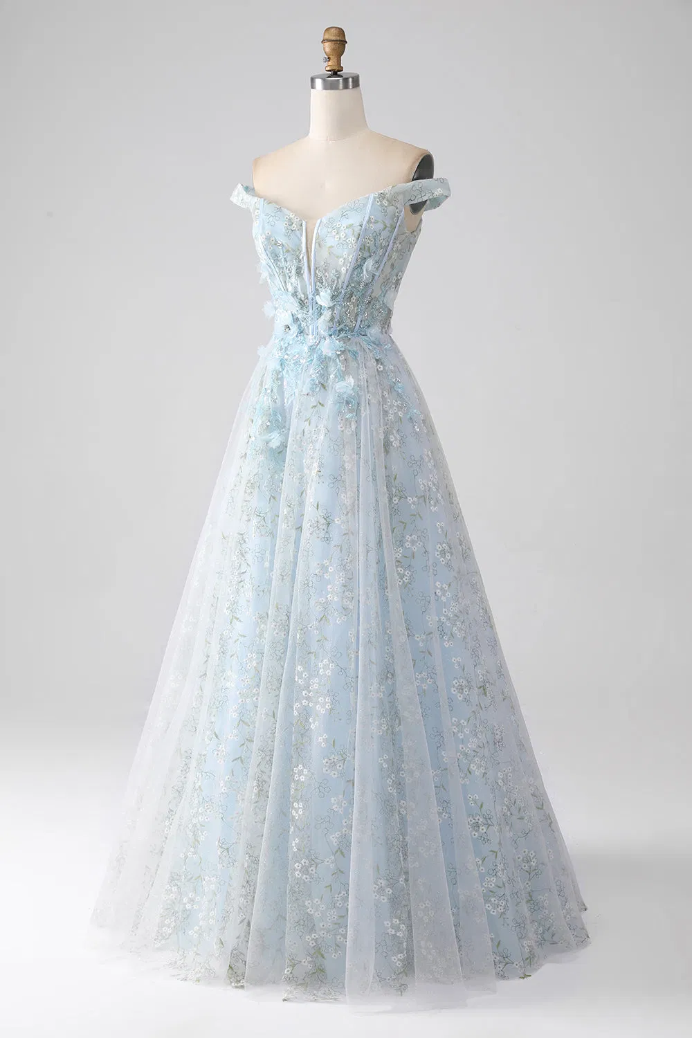 Sexy Sky Blue off Shoulder 3D Floral Embroidery Sheer Corset Tulle Cocktail Party Full Dresses Girl Dress