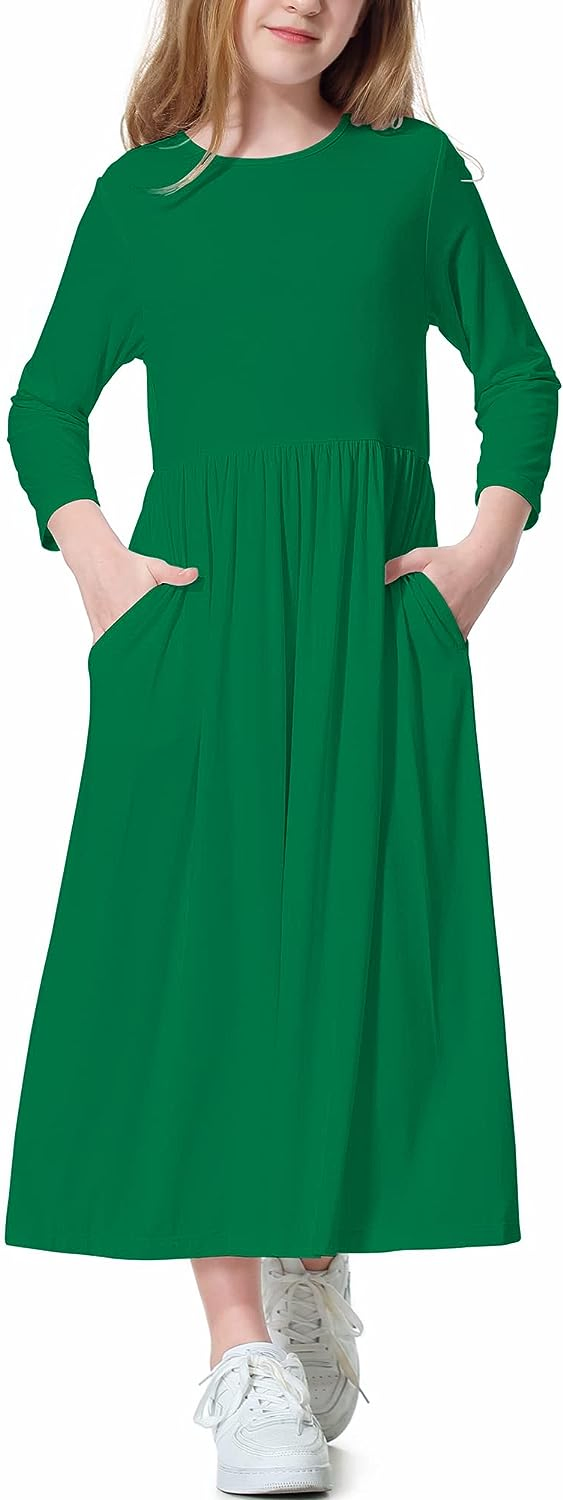 Girls Long Maxi Dress Kids Long Sleeve Swing Casual Dresses with Pockets