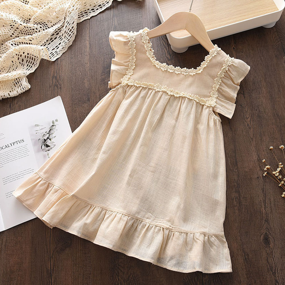 Girls Flower Embroidered Dress Summer Retro Flying Sleeve Princess Children Casual