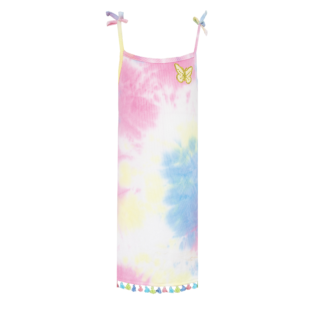Dresses for Kids Girls Bohemian Tie Dye Ribbed Knee Length Beaded Butterfly Patch Tassel Fringe Beach Vacation Sundress