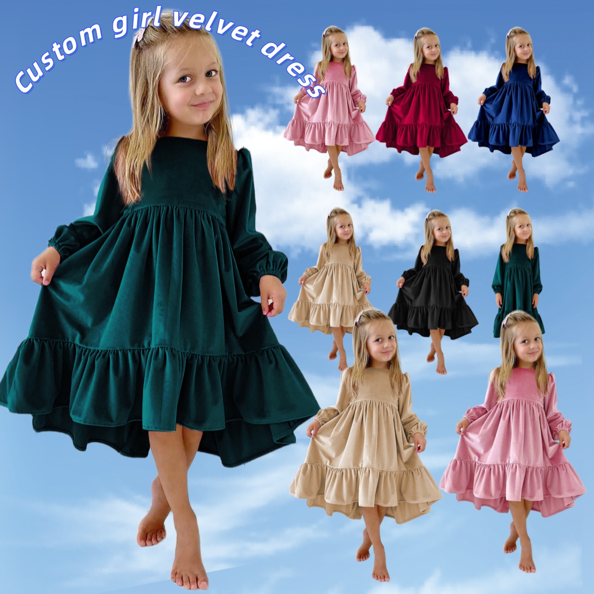 Yiwuyiyuan Custom Girl Velvet Dress Long-Sleeve Ruffle Hem Flowy A-Line Dress for Kids Daily &amp; Party Wear