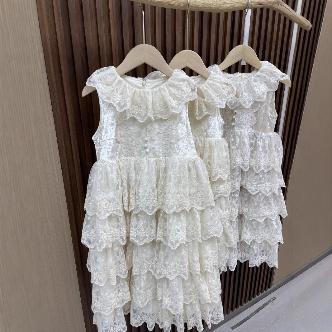 High-End Girls' Princess Dress for Summer Floral Lace Velvet Retro Style Antique Floral Heavy Work Puffy Dress Perfect Birthday