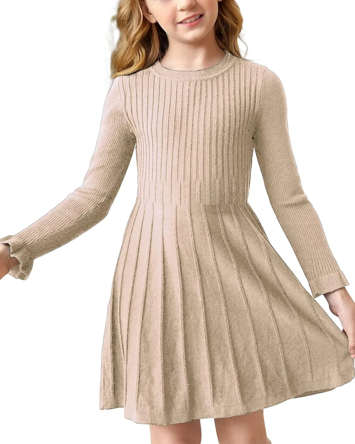 Girls Ribbed Knit Dress Long Sleeve Ruffle