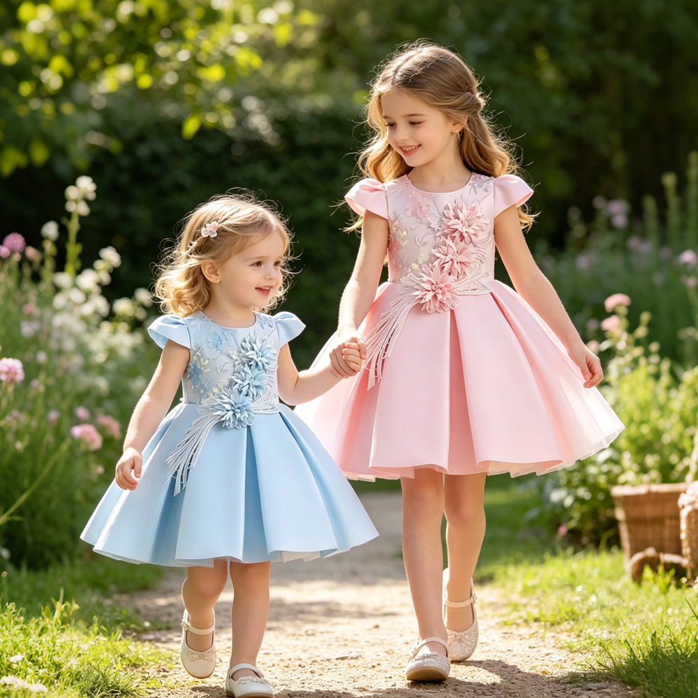 Customised Wholesale Designer Luxury Brand Baby Girl Embroidery Princess Dresses Toddler Flowers Garden Birthday Party Dresses