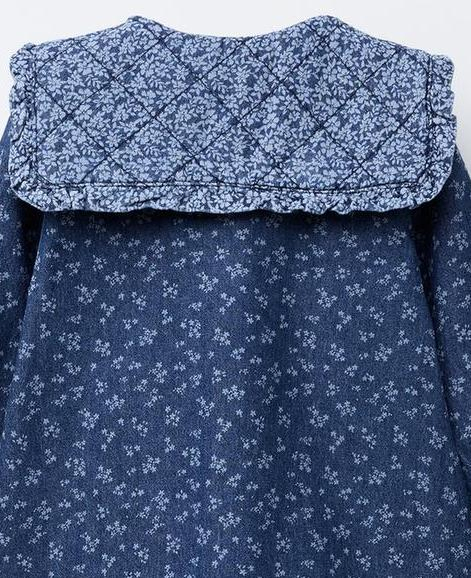 Denim Baby Dress Peter Pan Collar Long-Sleeves Elasticated Cuffs Snap-Button Fastening Floral