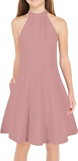 Hot Selling ODM Children's Solid Halter Neck Bow Summer Casual Knee-Length A-line Sundress with Pockets for 4-12 Years