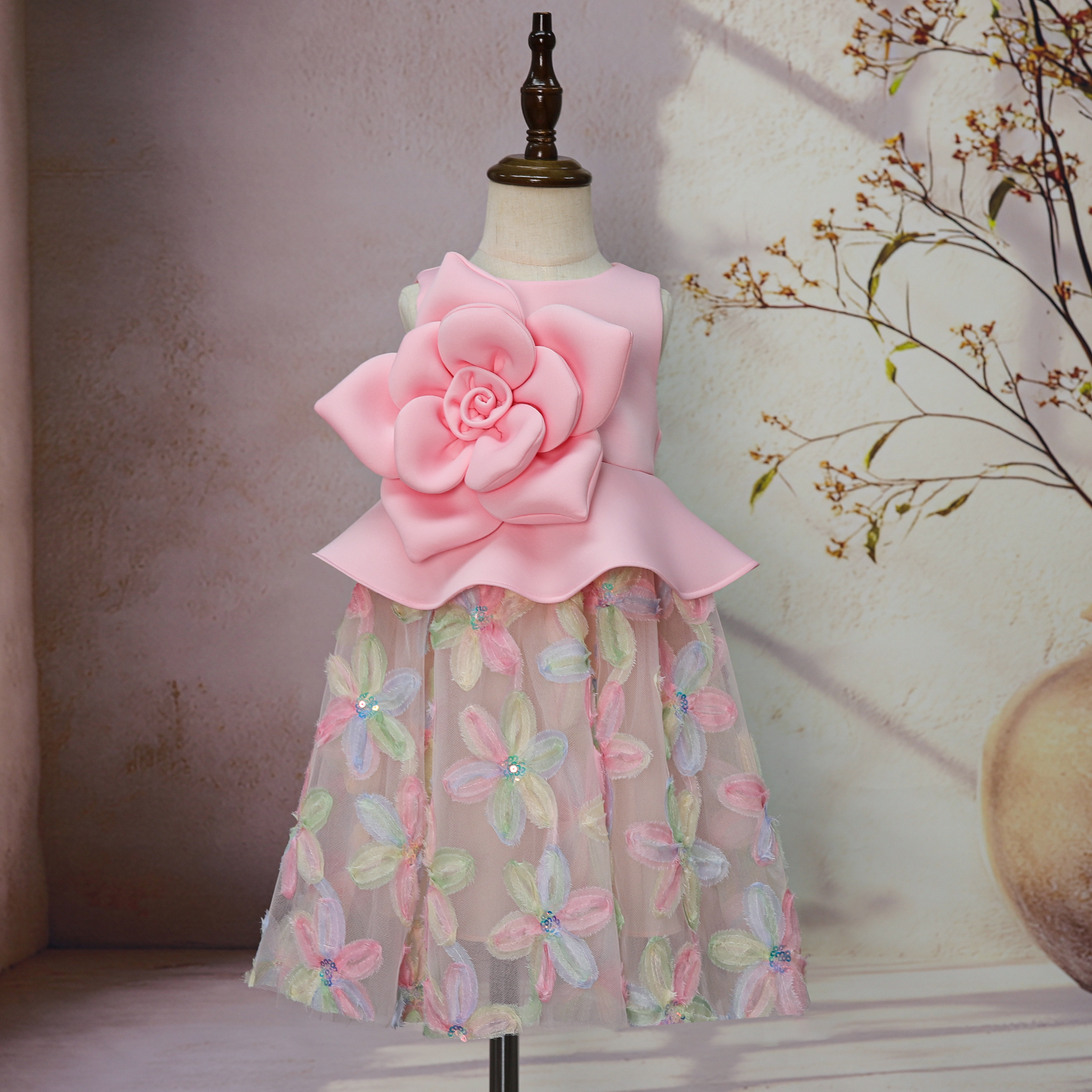 Princess Design Little Baby Girls 3D Big Flowers Dresses Ruffles Elegant Flowers Birthday Wedding Tulle Clothes Boutiques