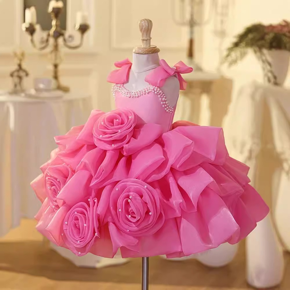 Summer Girls Princess Dress Children Bow 3D Flower Birthday Party Dress