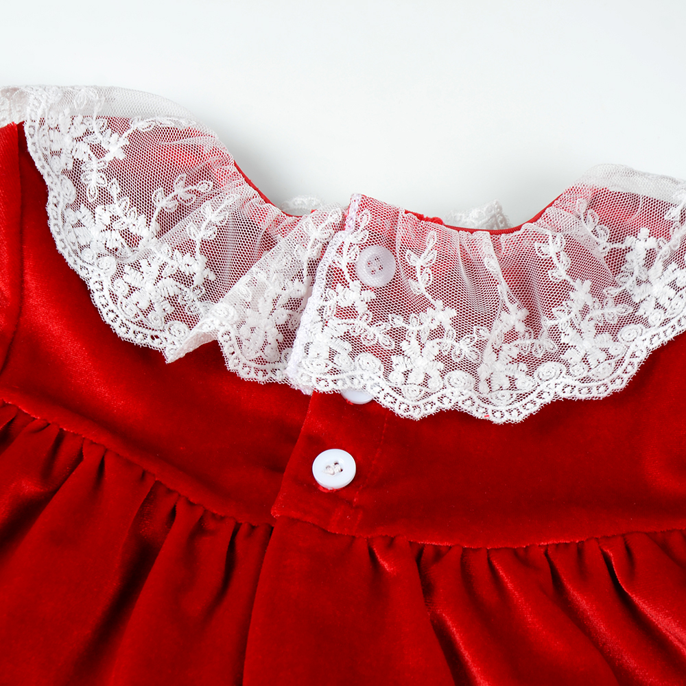 Autumn Vintage Girls Midi Dresses Long Sleeve with Buttons Back Lace Neck Comfortable Velvet Wear for Summer Holidays Parties