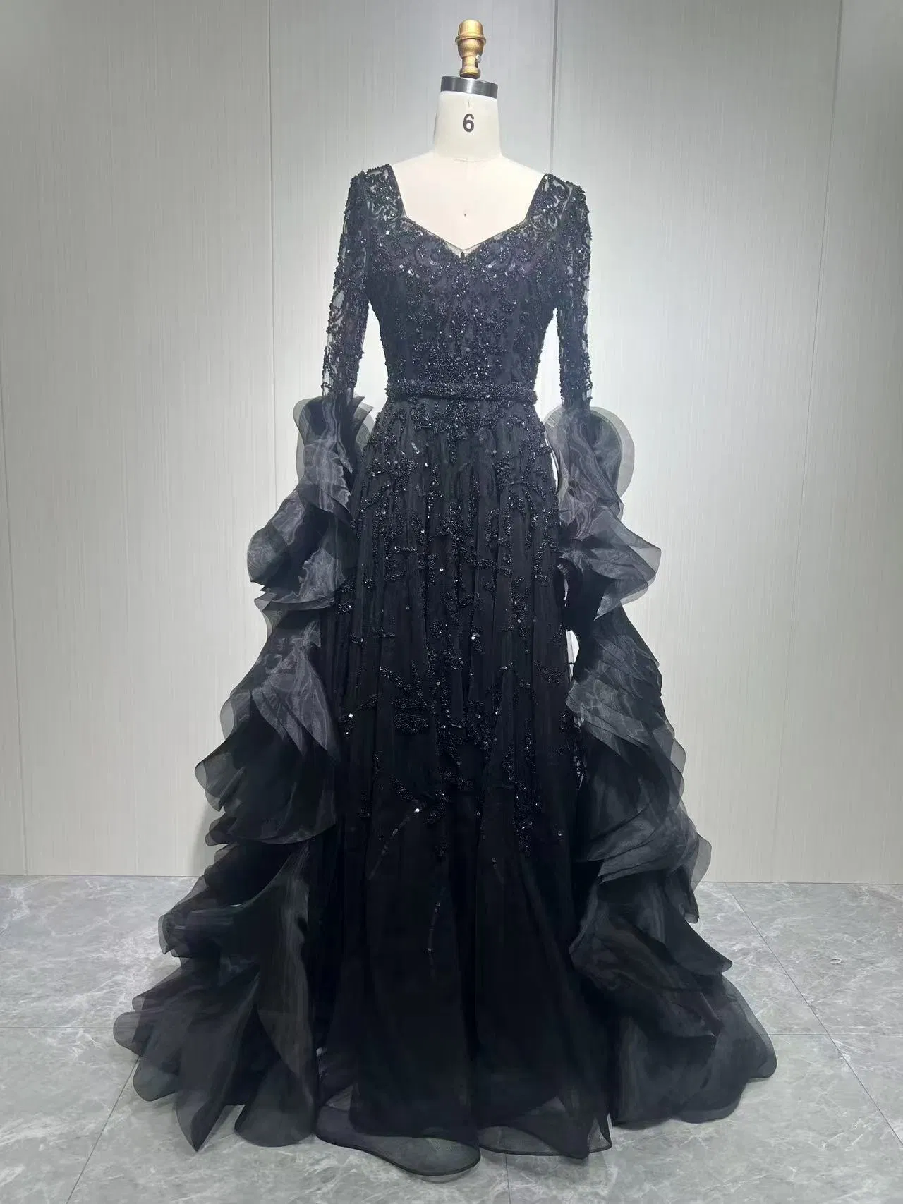 Glam Red Beaded Long Sleeve Ruffle Tulle Evening Dress for Formal Events Evening Dress Prom Dress Sexy Dress Vestido De Noche Girl Dress