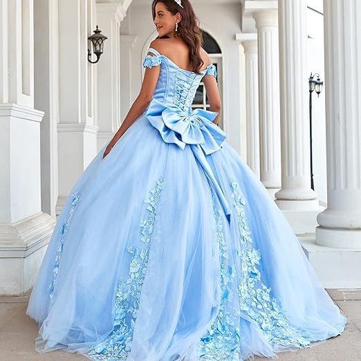 LY-QD0092 Baby Blue Quinceanera Ball Gown Off-Shoulder Lace Girls 15 Year Princess Dress Customize Color Vestidos De 15 Aos