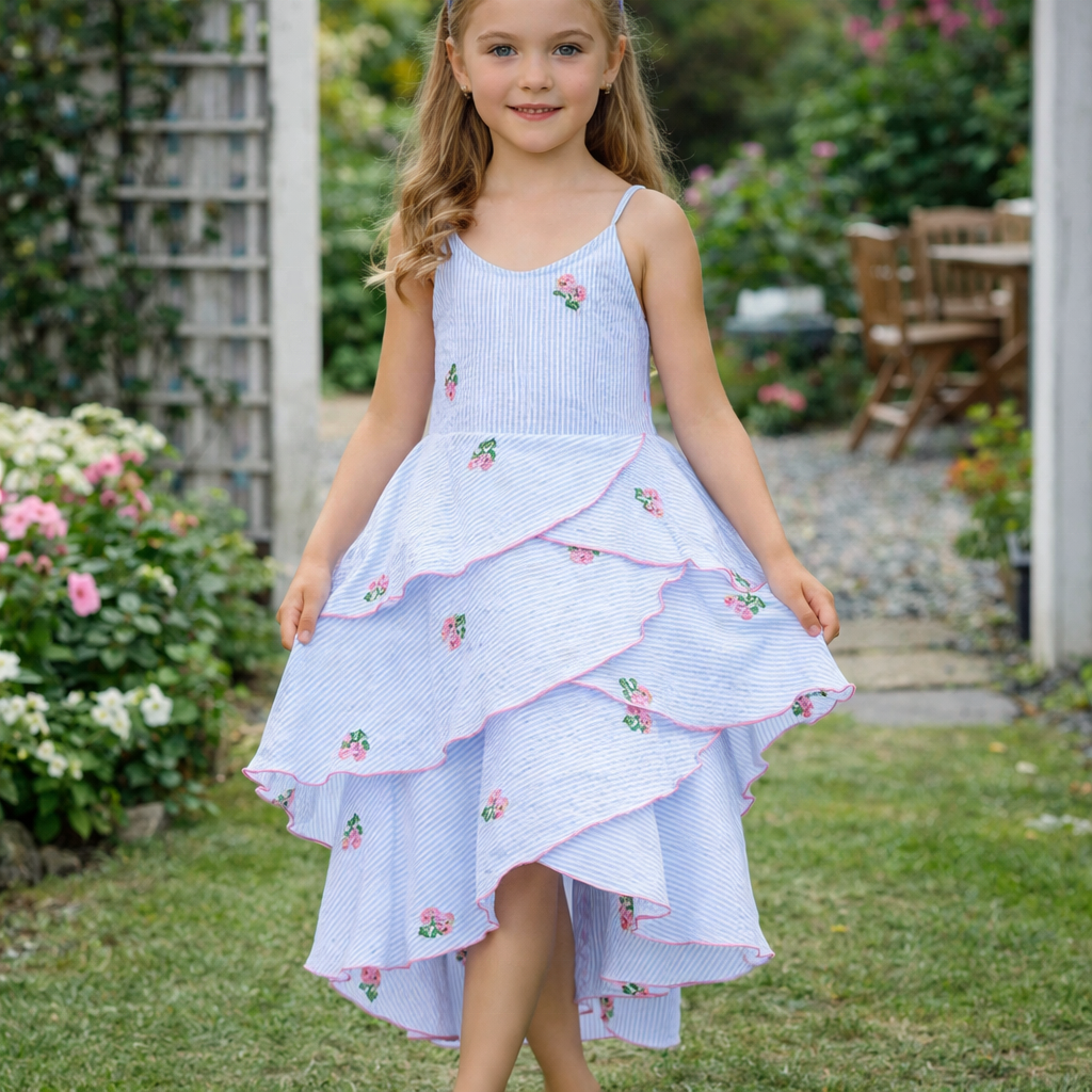 New Style Toddler Girls slip Dress with Flower Embroidery Blue Stripe Girl Dress Children Clothing in Summer