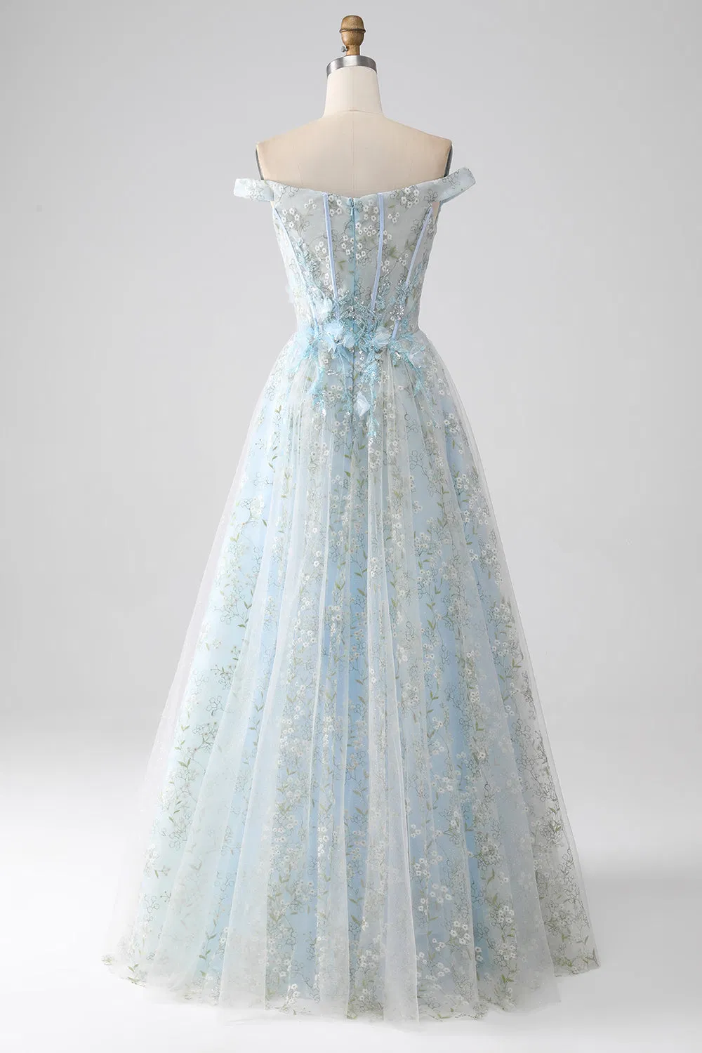 Sexy Sky Blue off Shoulder 3D Floral Embroidery Sheer Corset Tulle Cocktail Party Full Dresses Girl Dress