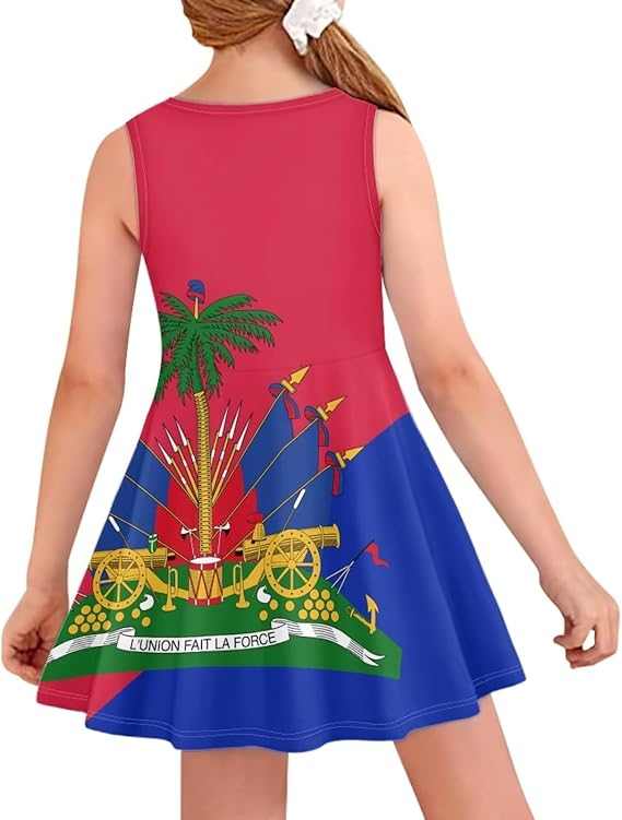 Casual Princess Summer Haiti Dresses Halter O-Neck Beach Sundress Kids Haiti Flag Skirt for Baby Little Girl