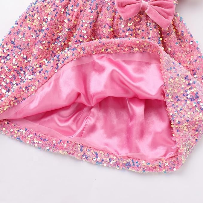 Customize Kids Velvet Dress Flower Girls Sequin Dresses Short Puff Sleeve Birthday Holiday Party Sparkly Princess Dress