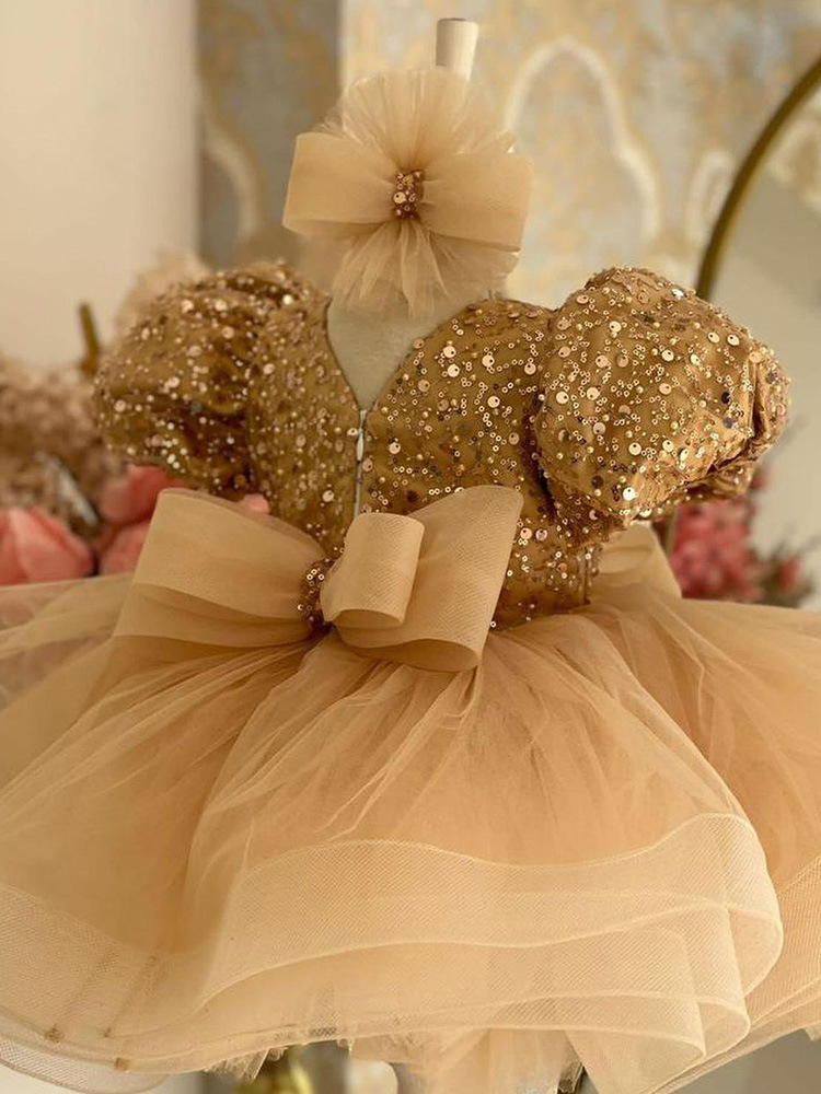 Champagne Gold Baby Sequin Flower Girl Dress Puff Sleeve Tulle Tutu Toddler Birthday Party Gown V-Neck Bow Formal Dress