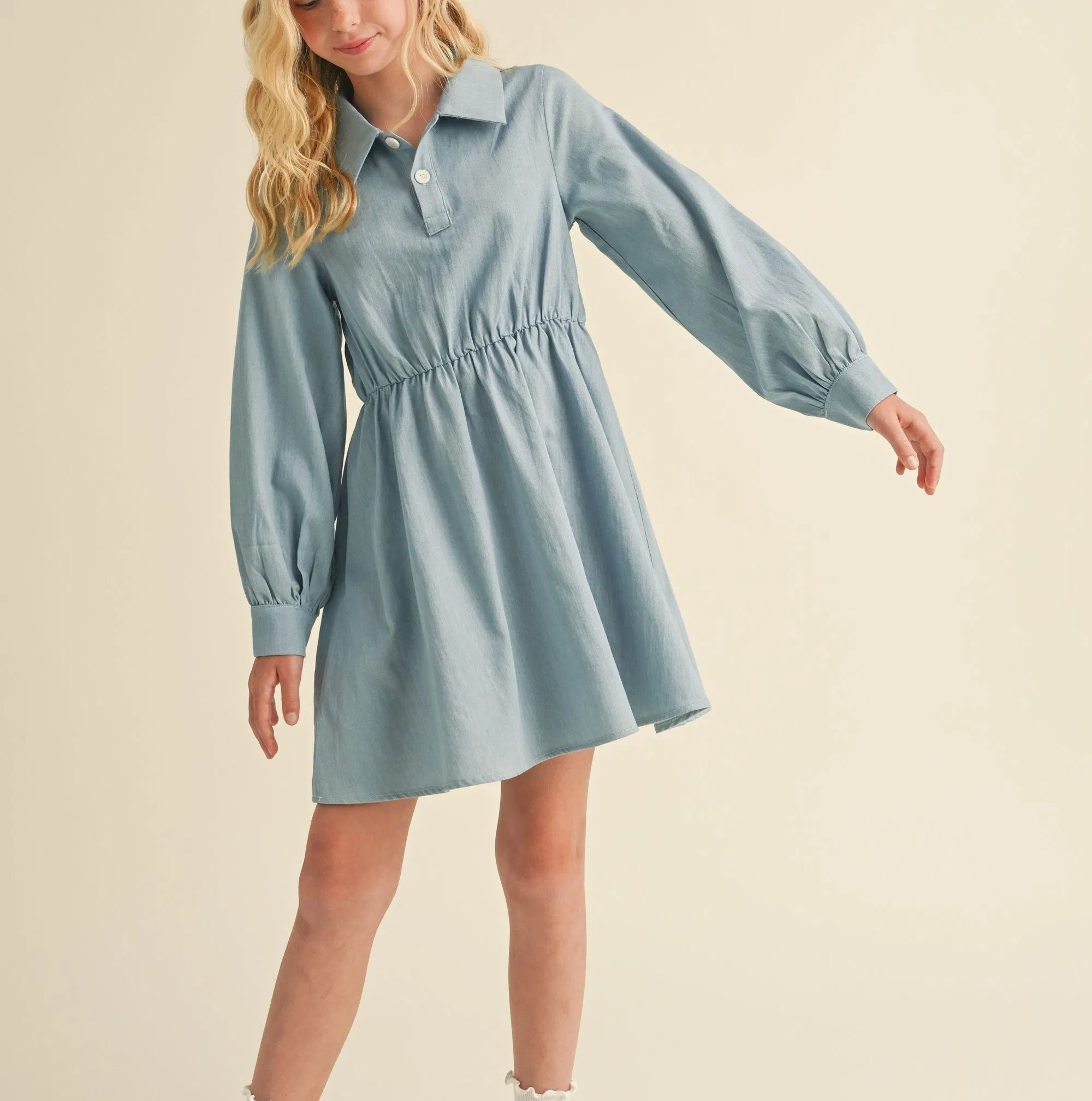 New Girls Long Sleeve Shirt Dress Denim Fashion Kids Dress