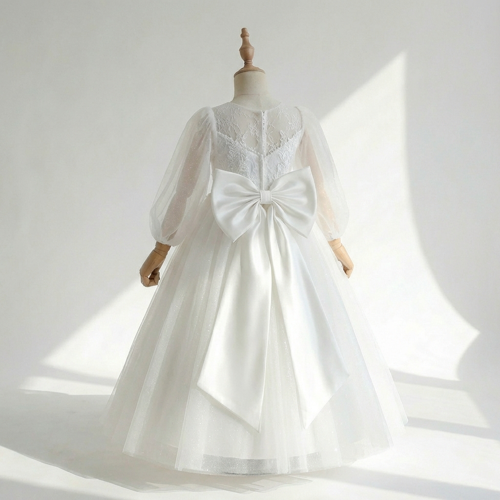 Vintage Style Kid Girls Sleeveless Lace Corset Tulle Midi-Length Solid Ball Gown Wedding Attire with Bow Straps and Silk Lining