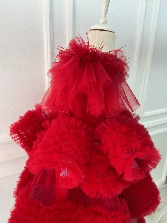 Elegant Red Tulle Ball Gown for Girls Luxurious Tiered Ruffle Party Dress with Exquisite Floral Beadwork and Flutter Sleeves