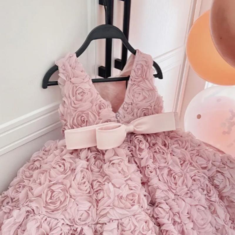 Girls Baby Korean Summer Formal Dress Flower Design Knee-Length Luxury Birthday Party Wear