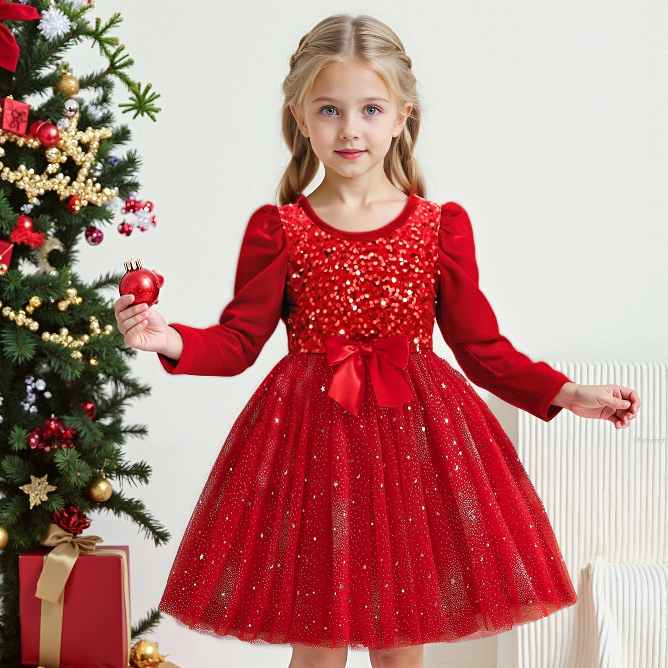 Luxury Girls Christmas Red Sequin Dress Kids Velvet Tulle Long Sleeve Princess Gown for Holiday Party