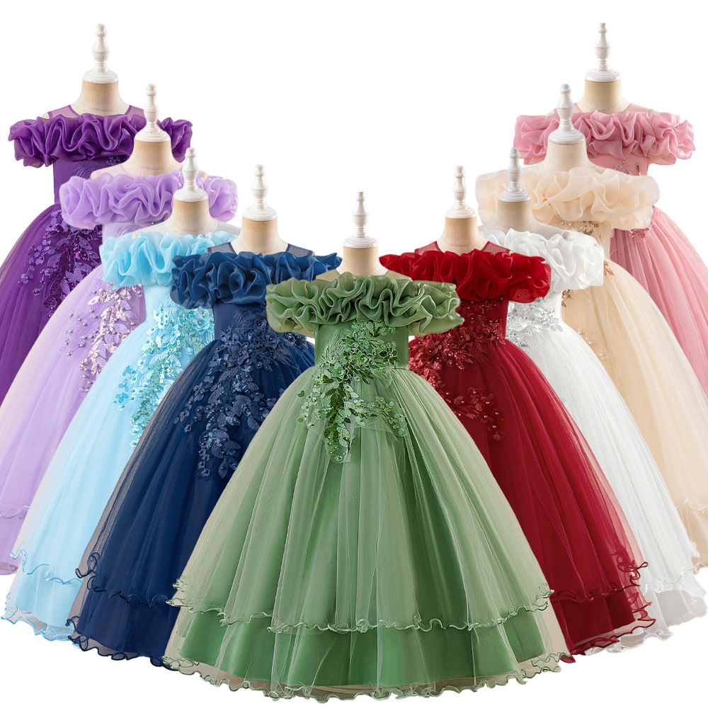 Vintage Sequin Flower Girl Dress One Shoulder Floral Princess Puffy Gown for Girls Birthday Party Stage Performance Wear Dress