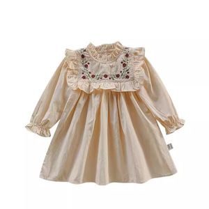Dress for Children Girls 100% Cotton Ruffled Bib Collar Floral Embroidery Accents Long Sleeve Perfect for Playdates or Picnics