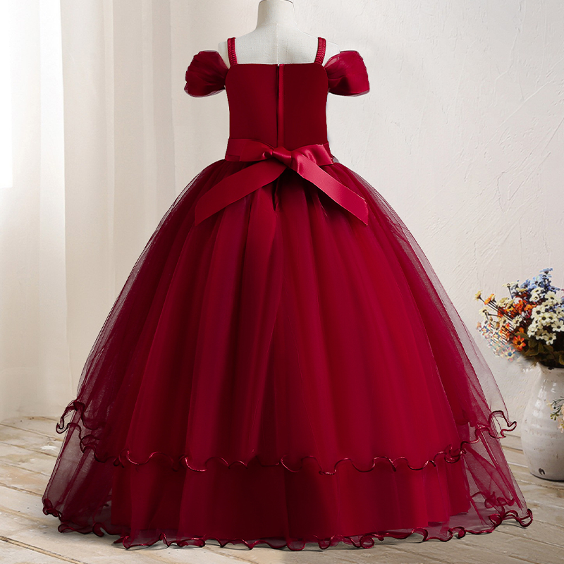 Hot Selling Kids Gown Girls Birthday Pageant Party Dress Solid Formal Vintage Embroidery Lace Off Shoulder Girls Princess Dress