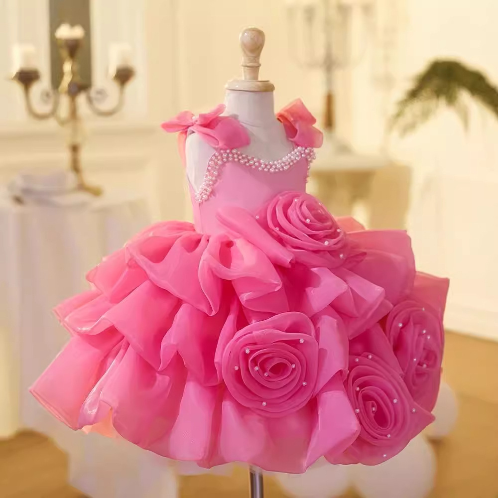 Summer Girls Princess Dress Children Bow 3D Flower Birthday Party Dress