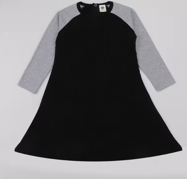 Family Matching Ribbed Kids Clothes Long Sleeves Autumn Girl Dress Contrasted Colors