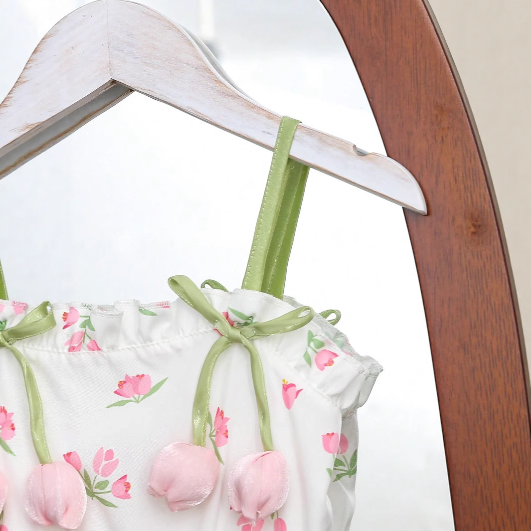 Girls Floral Sundress Luna Pink Cherry Print Green Strap Ruffle Hem Summer Dress Sweet Holiday Wear for Casual Party