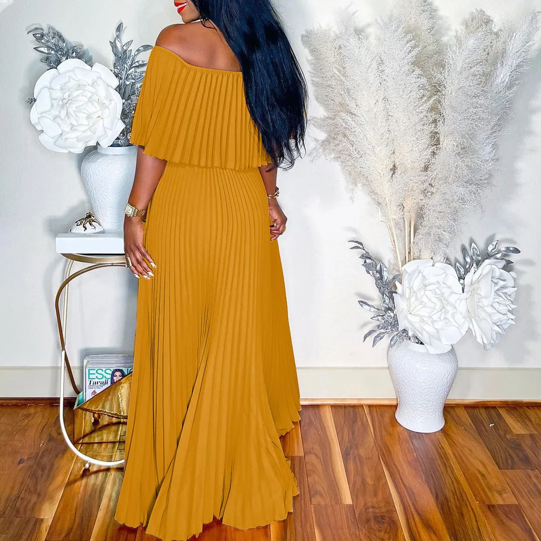 Latest Design Sexy Slash Neck off Shoulder Maxi Dress Ladies Girls Party Dress Women Elegent Pleated Dress