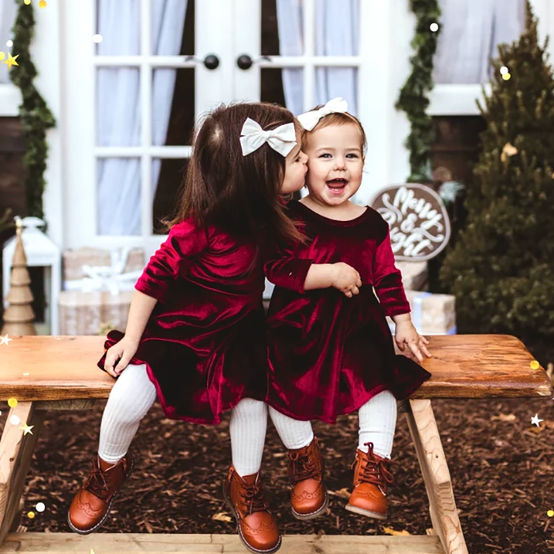 Fashion Girls 3/4 Sleeve Christmas Red Velvet Baby Girl Twirly Dress Casual Kids Girls Dresses