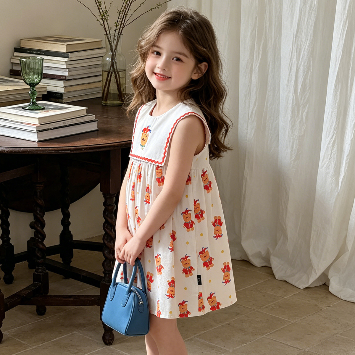 Cool Breathable Sleeveless Kids Girls Dress Cartoon Bear Print Summer Casual Daily Play Dress