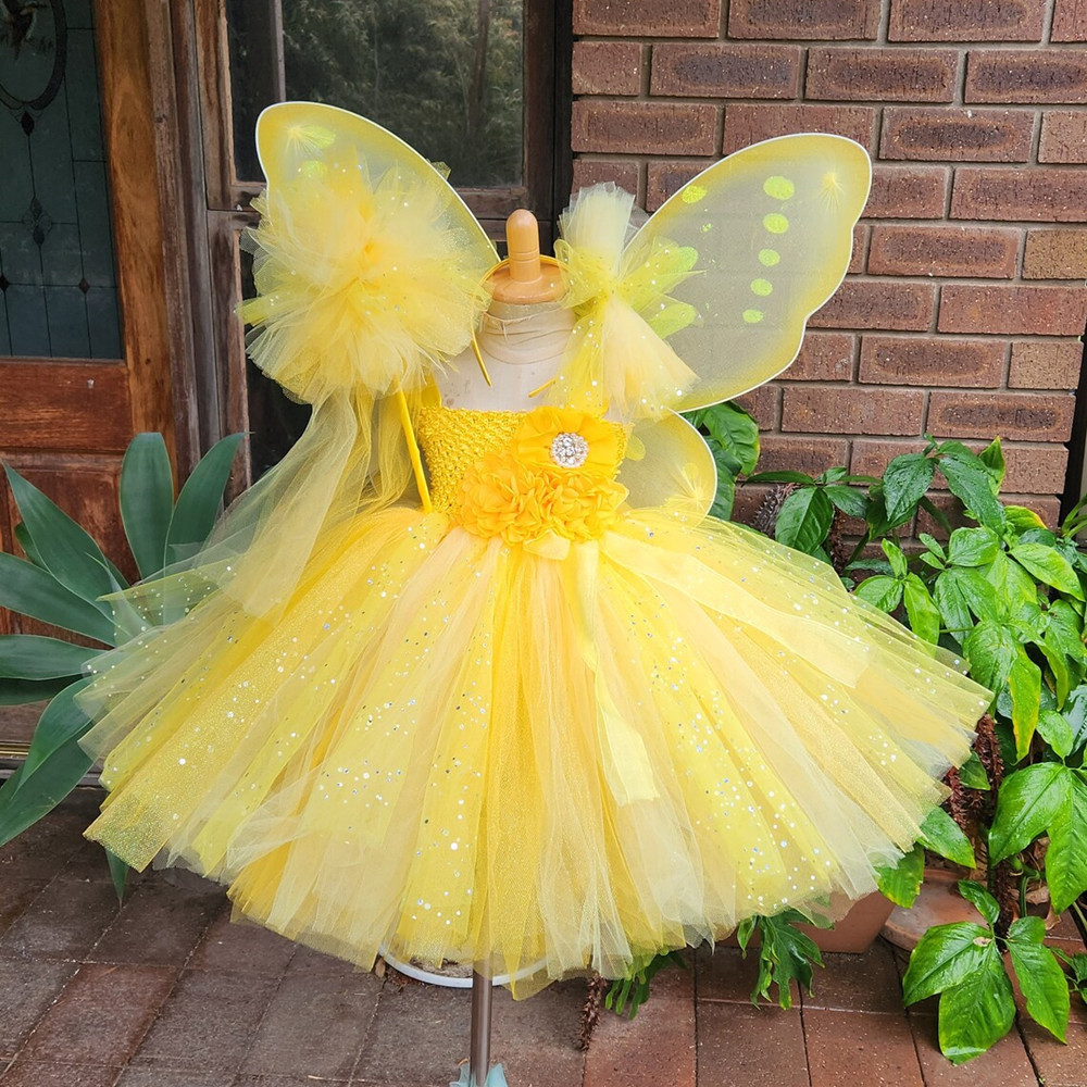 New Arrival Fairy Flower Girl Dress Yellow Fairy Tutu Dress Flower Pageant Party Lace Girls Maxi Dress