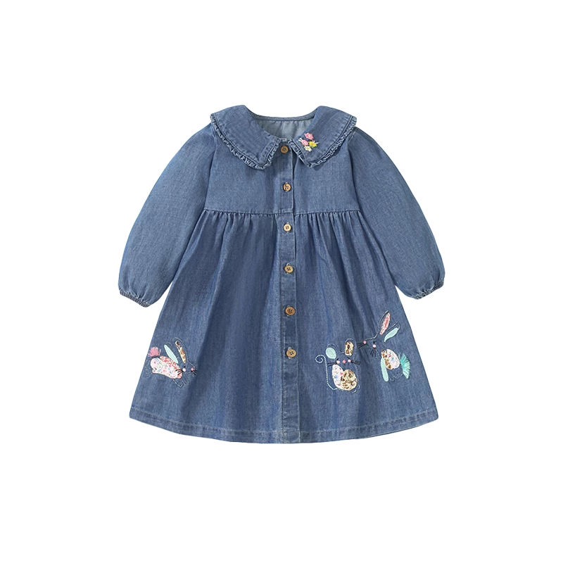 Girls Cotton Lovely Design Sweet Dress Soft and Comfortable Long Sleeve Wholesale Baby Denim Dress for Spring and Autumn