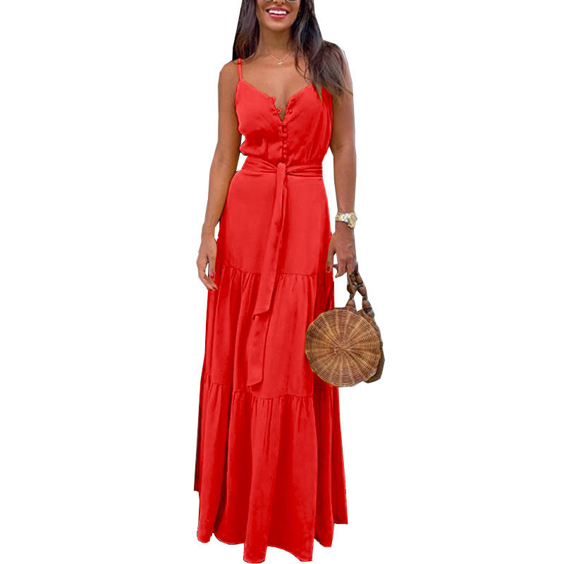 New Arrivals Solid Color Girls Spaghetti Strap Summer Dresses Women Casual Sleeveless V-Neck Long Maxi Dress Ladies