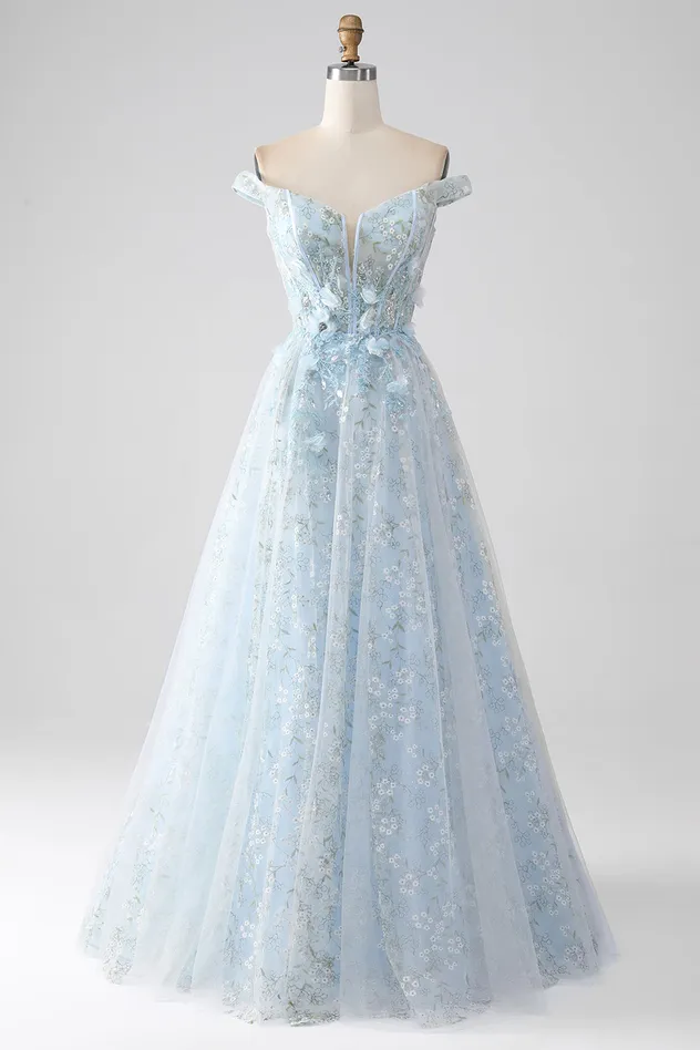 Sexy Sky Blue off Shoulder 3D Floral Embroidery Sheer Corset Tulle Cocktail Party Full Dresses Girl Dress