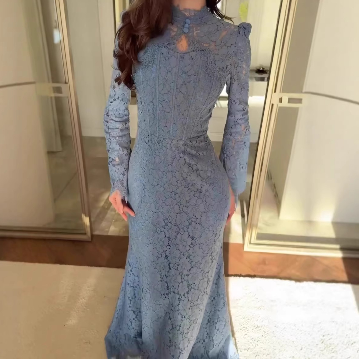 Luxury Lace Victorian Style Pencil Silhouette Long Sleeve Evening Dress With Natural Waist For Summer