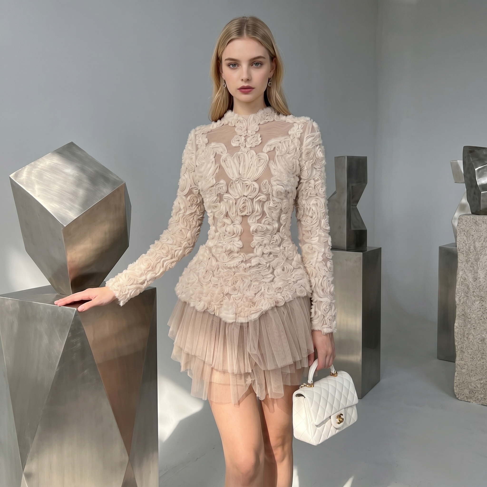 ODM Girls Ruffled Tulle Knee-Length Casual Long Sleeve Mesh Princess Gown Leisure Front Logo Multiple Sizes Customizable