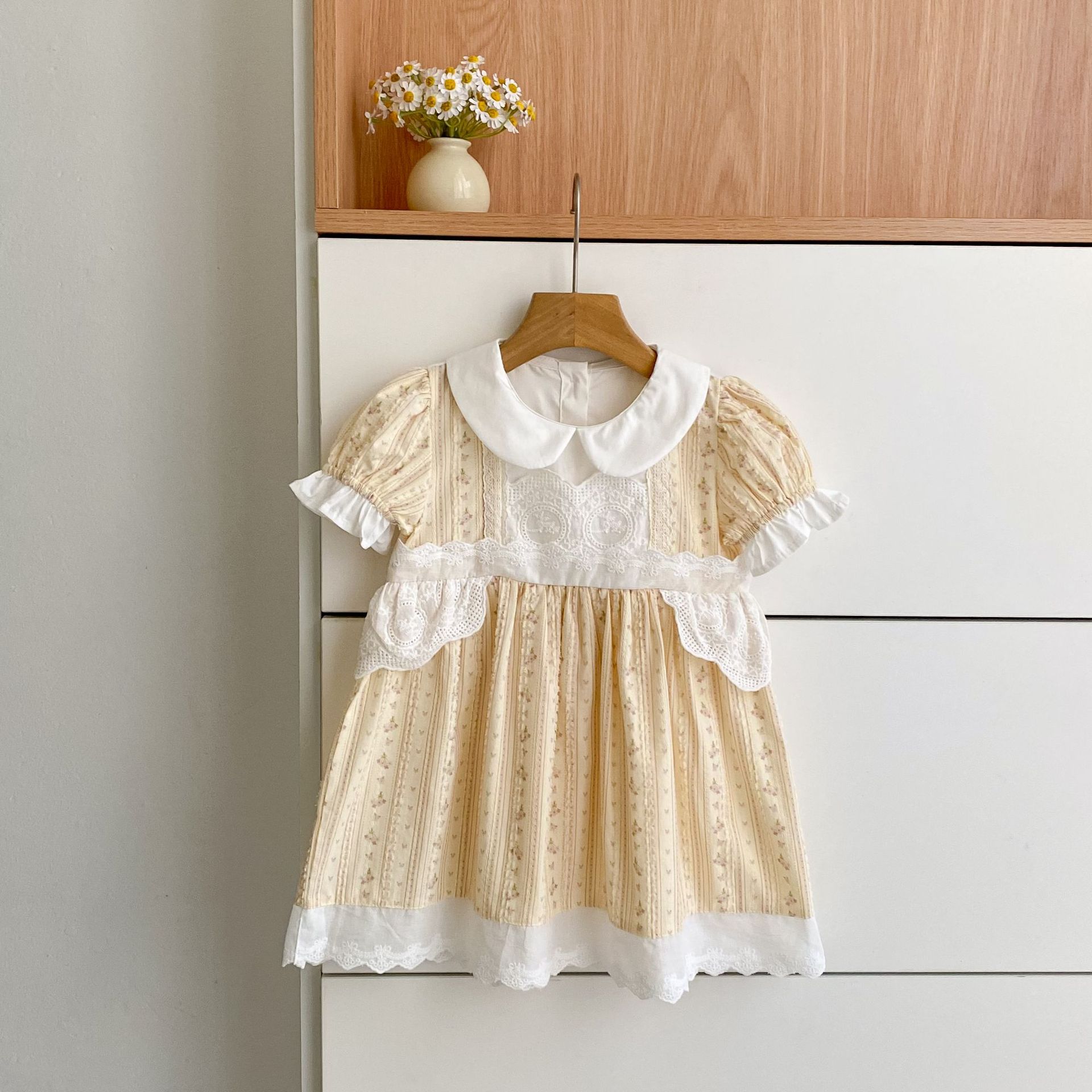 Toddler Girls Vintage Floral Dress Summer Peter Pan Collar Lace Trim Puff Sleeve Princess Dress for Birthday Party Kid Clothes