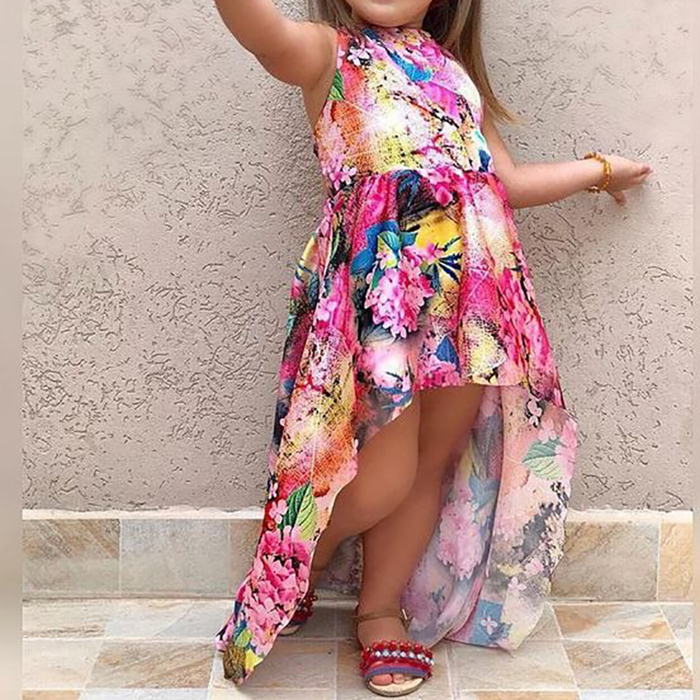 Little Girls Cute Flower Print High-Low Dress Sleeveless Ruffle Trim Flowy High Low Sundress for Spring Summer Vacation