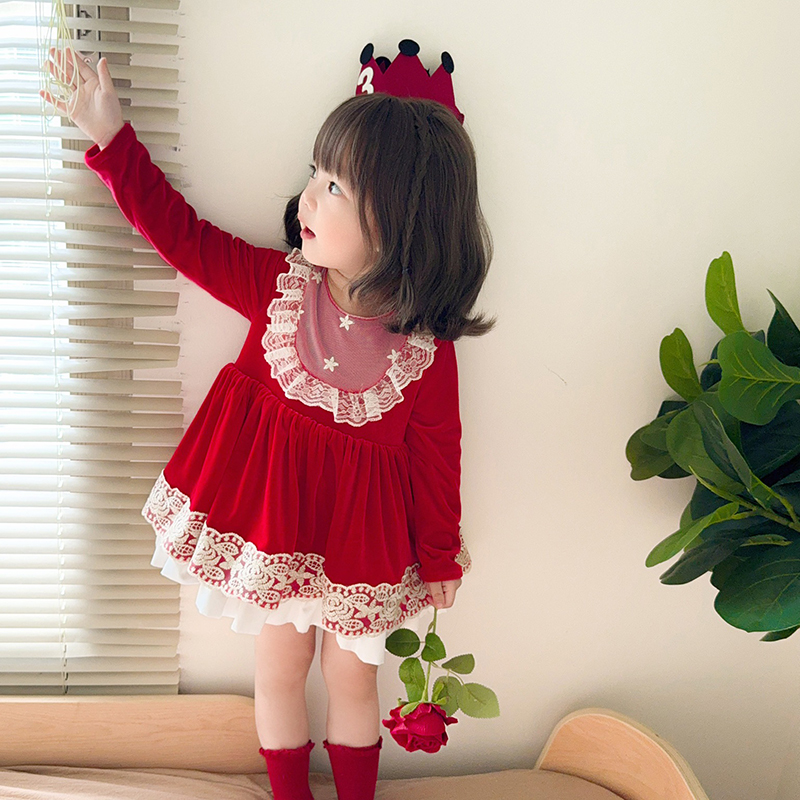 Festive Red Velvet Dress Girls Long Sleeve Holiday Party Gown Christmas Chinese Baby Girl Casual Dress
