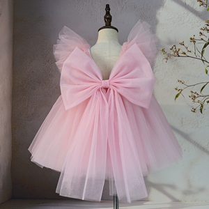 Fly Sleeve Pink Girls Birthday Party Wedding Dress Baby Tulle Flowers Appliqued Sweet Baby Toddler Princess Dress With Big Bow